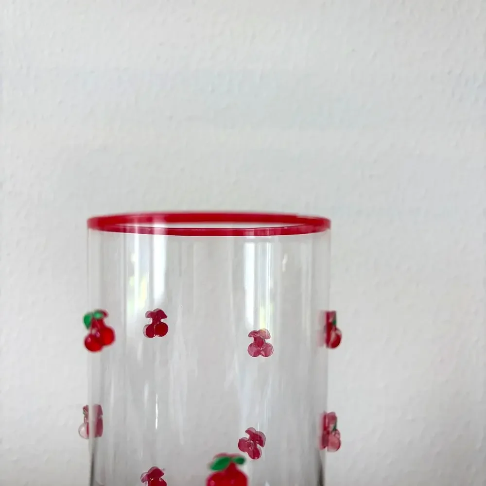 Red Cherry Icon Highball Glass Set of 2 Chic Drinkware 6in NEW